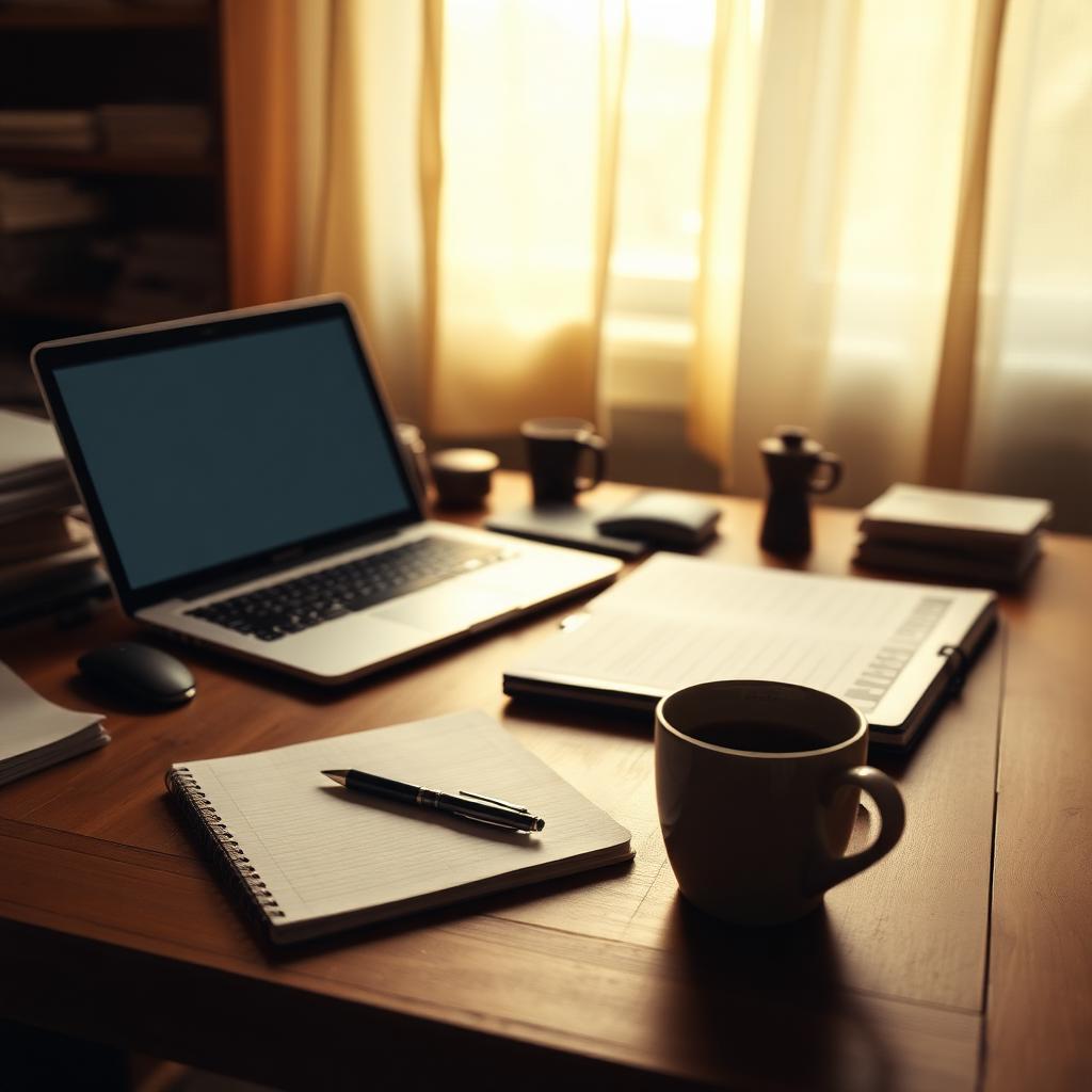 Morning desk with an open laptop, notebook, and a cup of coffee in warm light
